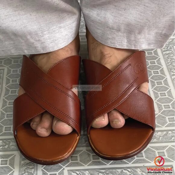 Brown Cross-Strap Flats, Handmade Brown Leather Cross-Strap Sandals, Men’s Open - Picture 1 of 7